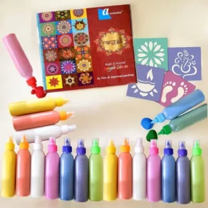 20 Rangoli Colour Powder Tube Bottles & 4 Rangoli Stencils Kit – Diwali Decoration Set for Home, Navratri, Pongal & Pooja Decor
