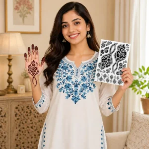 Front Hand Mehndi Stencil for Women & Girls – Self Adhesive Henna Tattoo Sticker, Floral Arabic Rose Design for Palm, Fingers & Wrist, Easy Mehndi Template Sheet