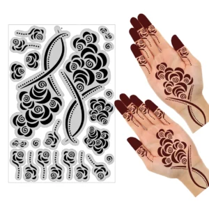 Front Hand Mehndi Stencil for Women & Girls – Self Adhesive Henna Tattoo Sticker, Floral Arabic Rose Design for Palm, Fingers & Wrist, Easy Mehndi Template Sheet