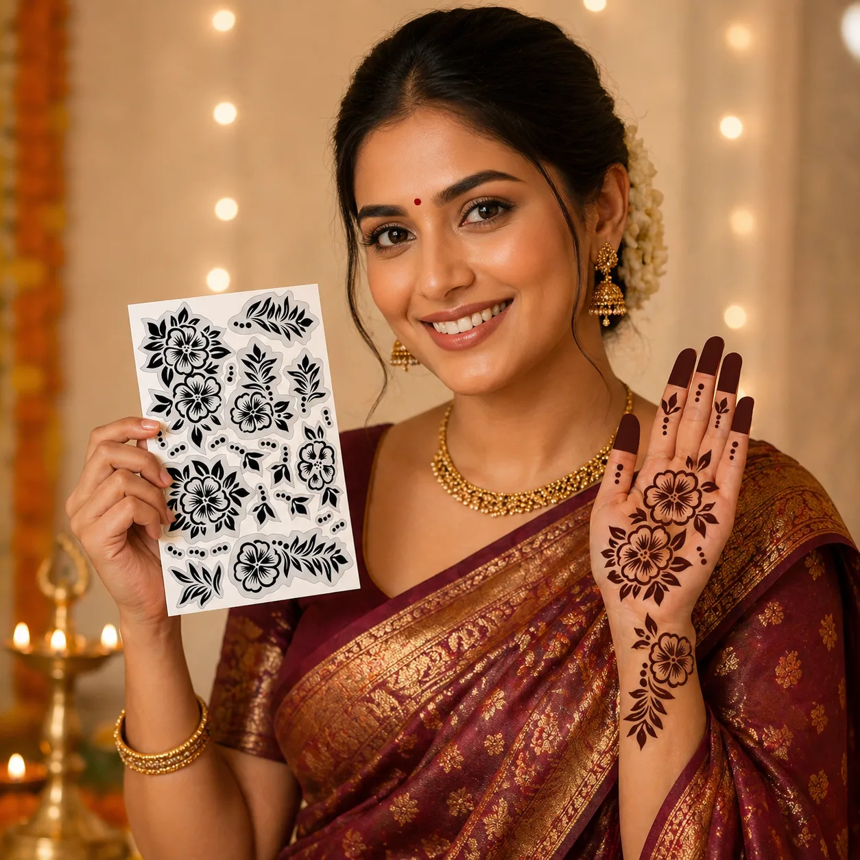 indian-floral-mehndi-stencil-festival-use Floral Hand Stencil for Women | Temporary Tattoo Sticker for Hands | Easy DIY Bridal & Festival Design | Self Adhesive Body Art Stencil