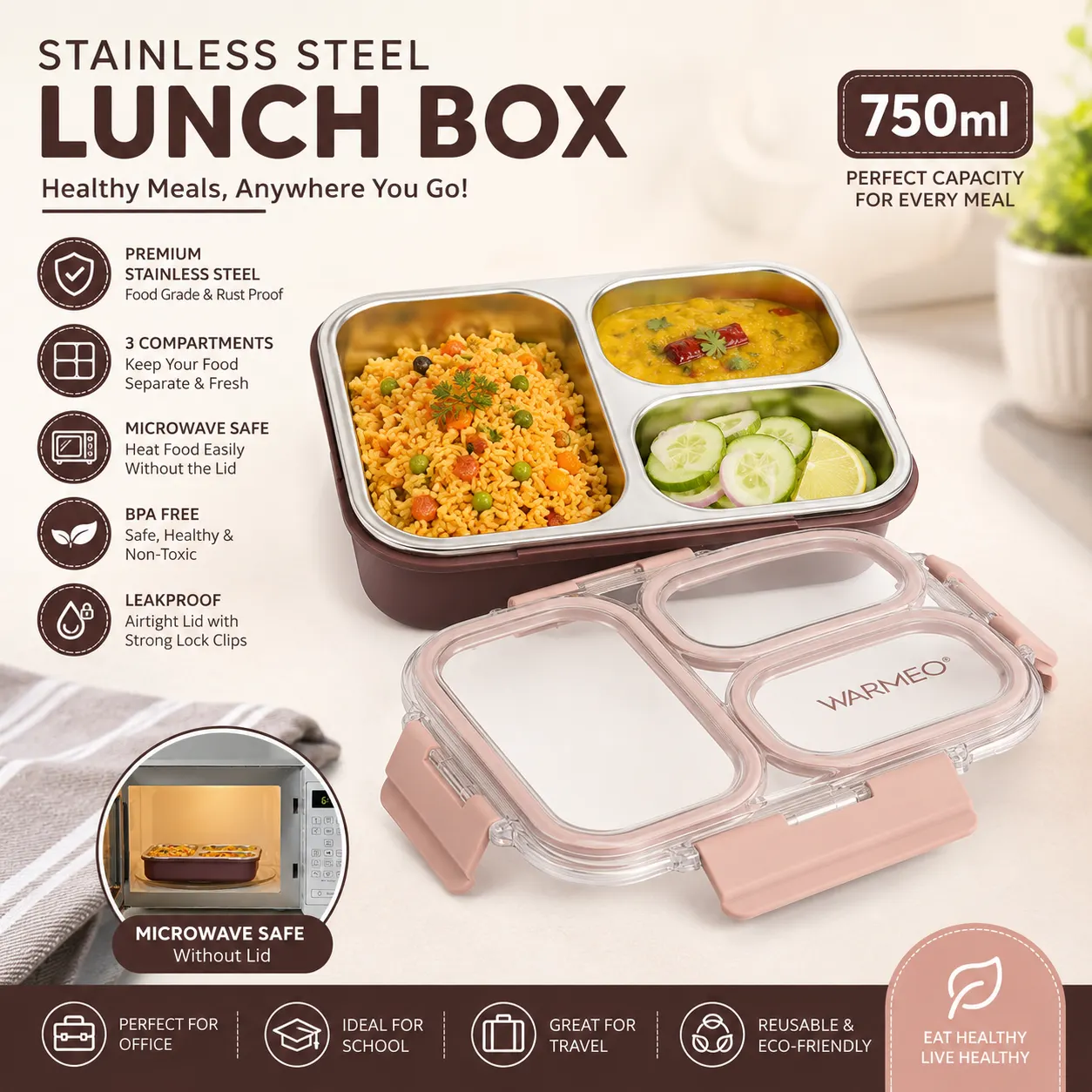 Microwave-Safe Stainless Steel Lunch Box with 3 Compartments