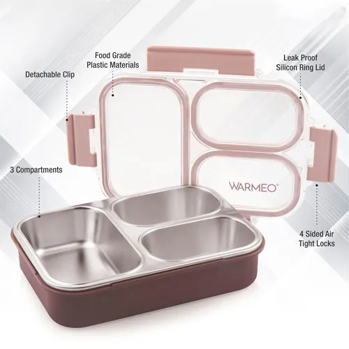 Microwave-Safe Stainless Steel Lunch Box with 3 Compartments