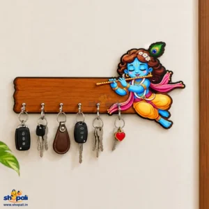 Krishna Key Holder for Wall | MDF Wooden Key Rack with Hooks | Wall Mounted Key Organizer for Home, Office & Entrance | Decorative Krishna Key Hanger | 9 x 5 Inch