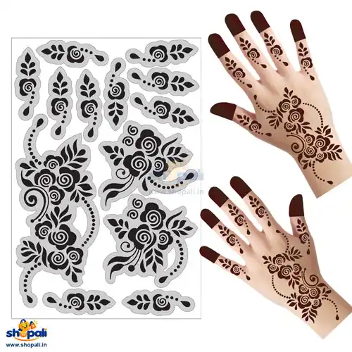 Rose Mehndi Stencil Sticker for Hands – Floral Self Adhesive Henna Art Template for Women